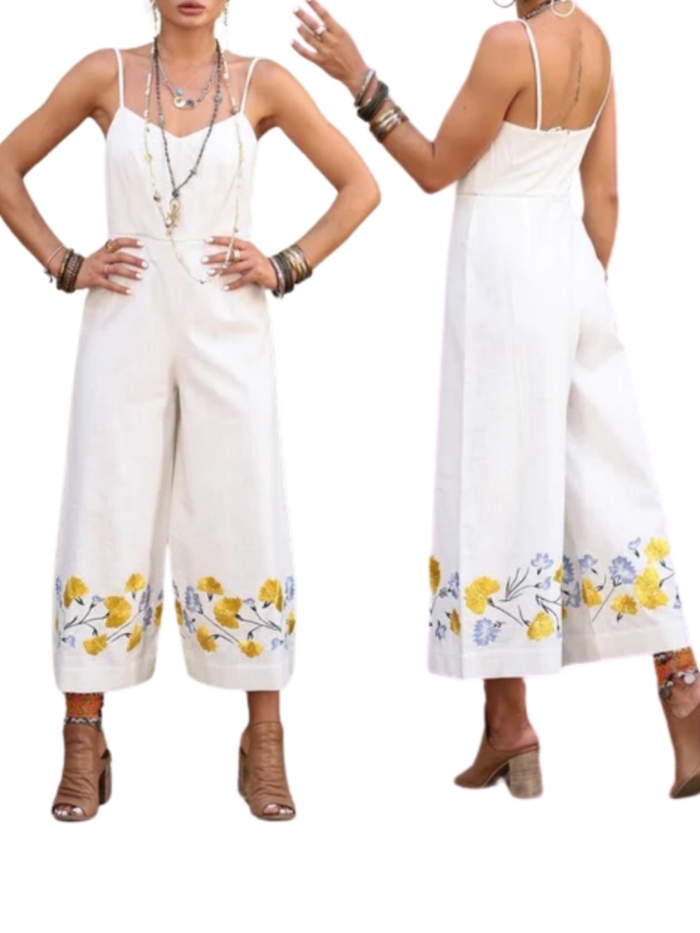Club Monaco Embroidered Cotton Jumpsuit Floral Wide Leg Cropped Size 2